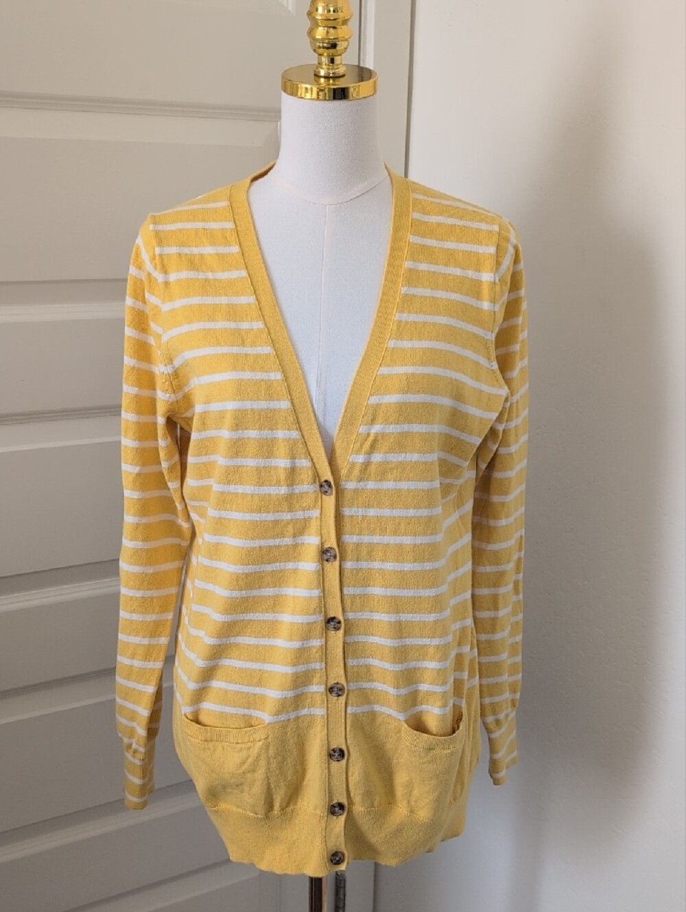 BANANA REPUBLIC Cardigan Striped Yellow and White Sweater Cotton and Cashmere